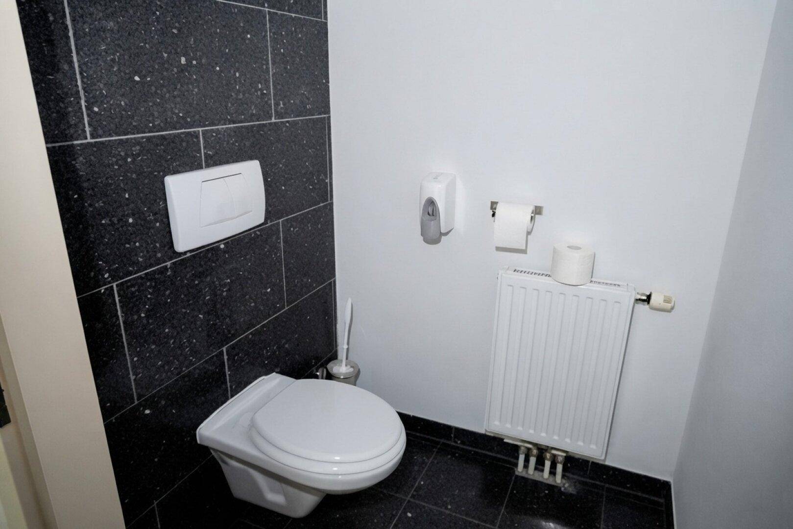 Saubere Toilette mit schwarzem Fliesenboden und wandhängendem WC, ausgestattet mit Heizkörper.