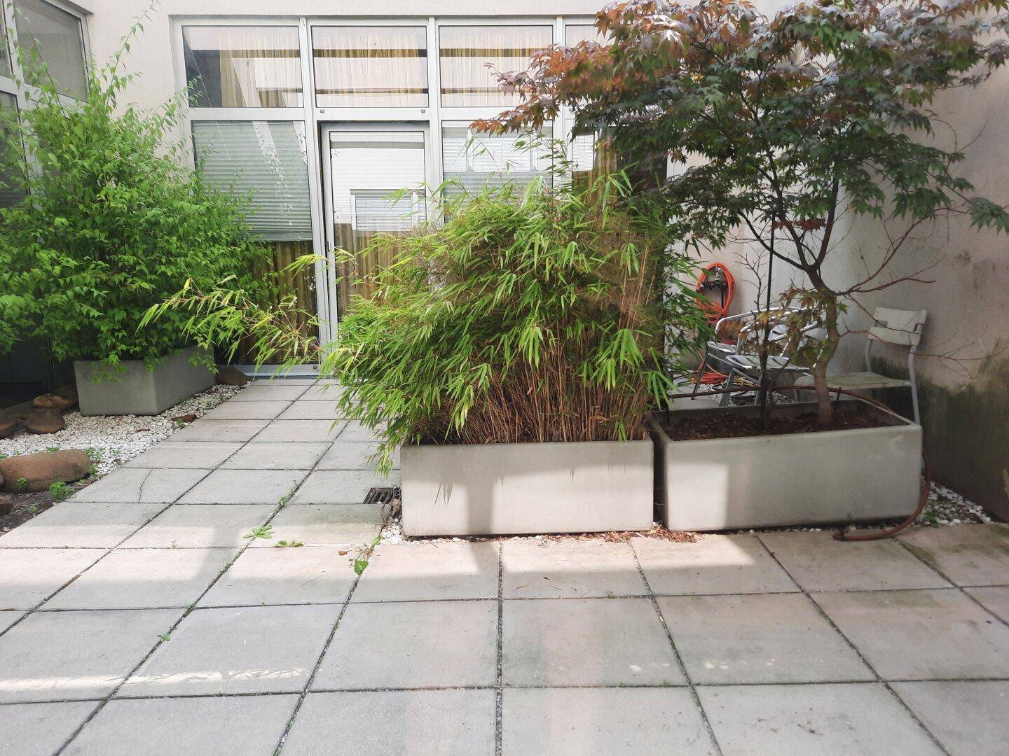 Gepflegter Innenhof mit Steinplatten, Kies und verschiedenen Pflanzen in großen Pflanzkübeln.