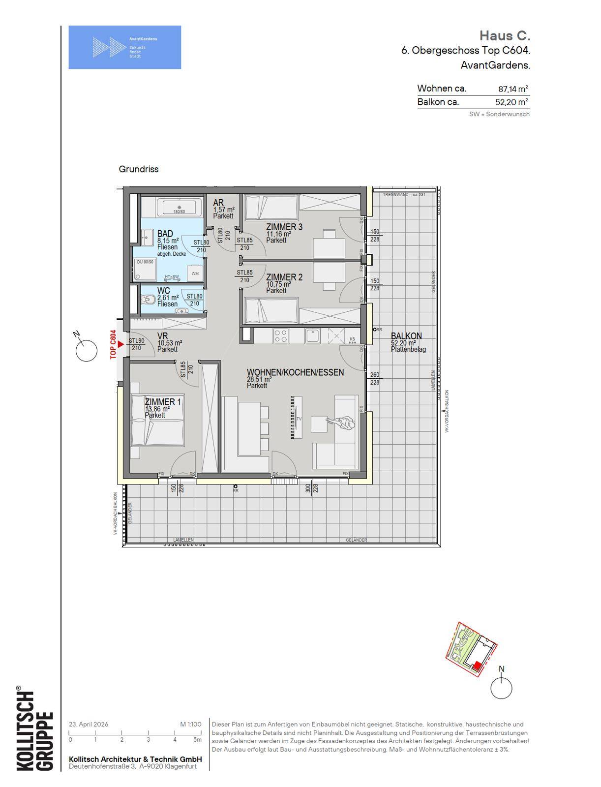 Grundriss einer Wohnung mit drei Zimmern, Wohnküche und großem Balkon.