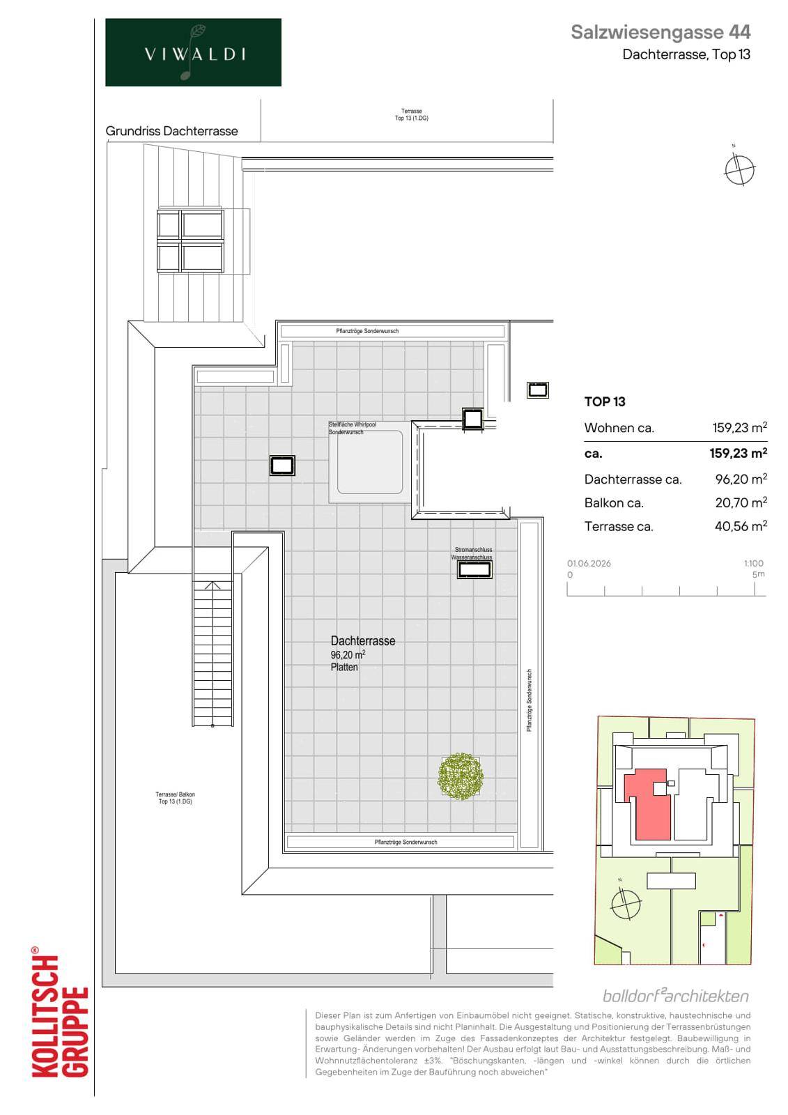 Grundriss der weitläufigen Dachterrasse für Top 13 mit viel Platz für Erholung im Freien.