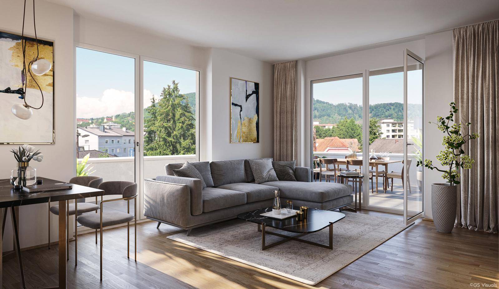 Heller Wohn-Essbereich mit modernem Sofa, Holzboden und Zugang zu einem großen Balkon mit Aussicht.