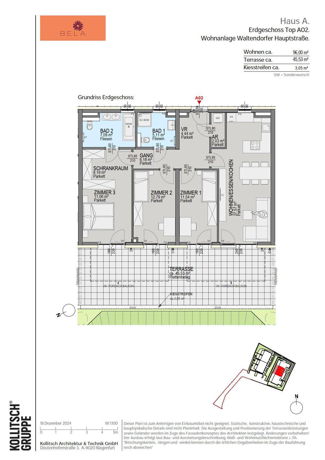 Grundriss des Erdgeschosses Top A02 mit drei Zimmern, zwei Bädern und großer Terrasse.