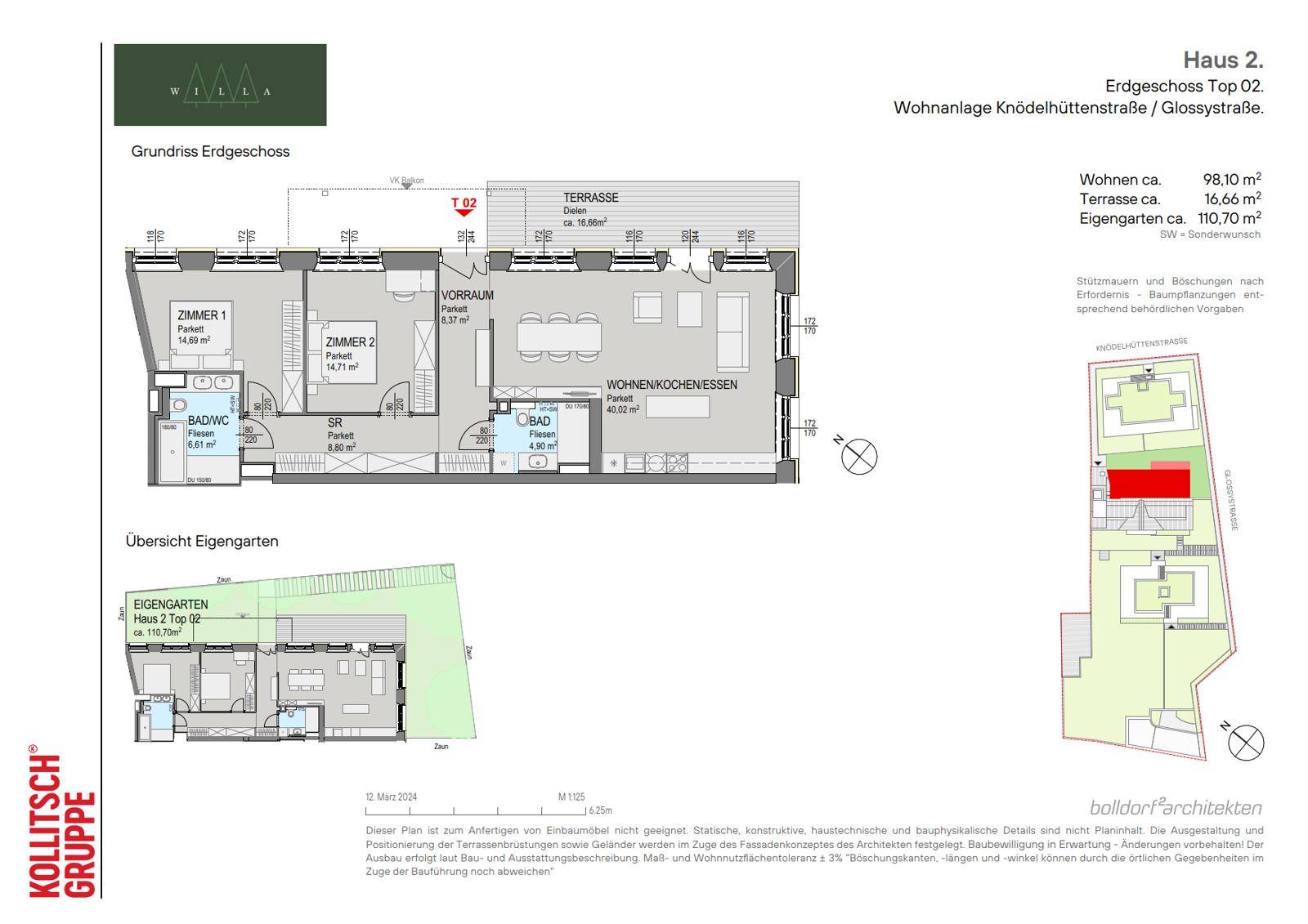 Grundriss des Erdgeschosses von Haus 2 mit Wohnküche, zwei Zimmern, zwei Bädern, Terrasse und Eigengarten.