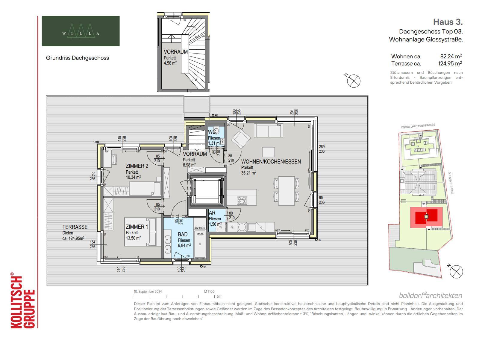 Grundriss des Dachgeschosses mit offenem Wohn-/Koch-/Essbereich und großer Terrasse.