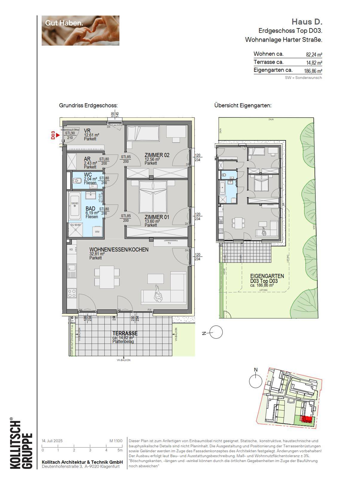 Grundriss einer Erdgeschosswohnung mit offenem Wohnbereich, zwei Zimmern, Bad und Terrasse mit Garten.