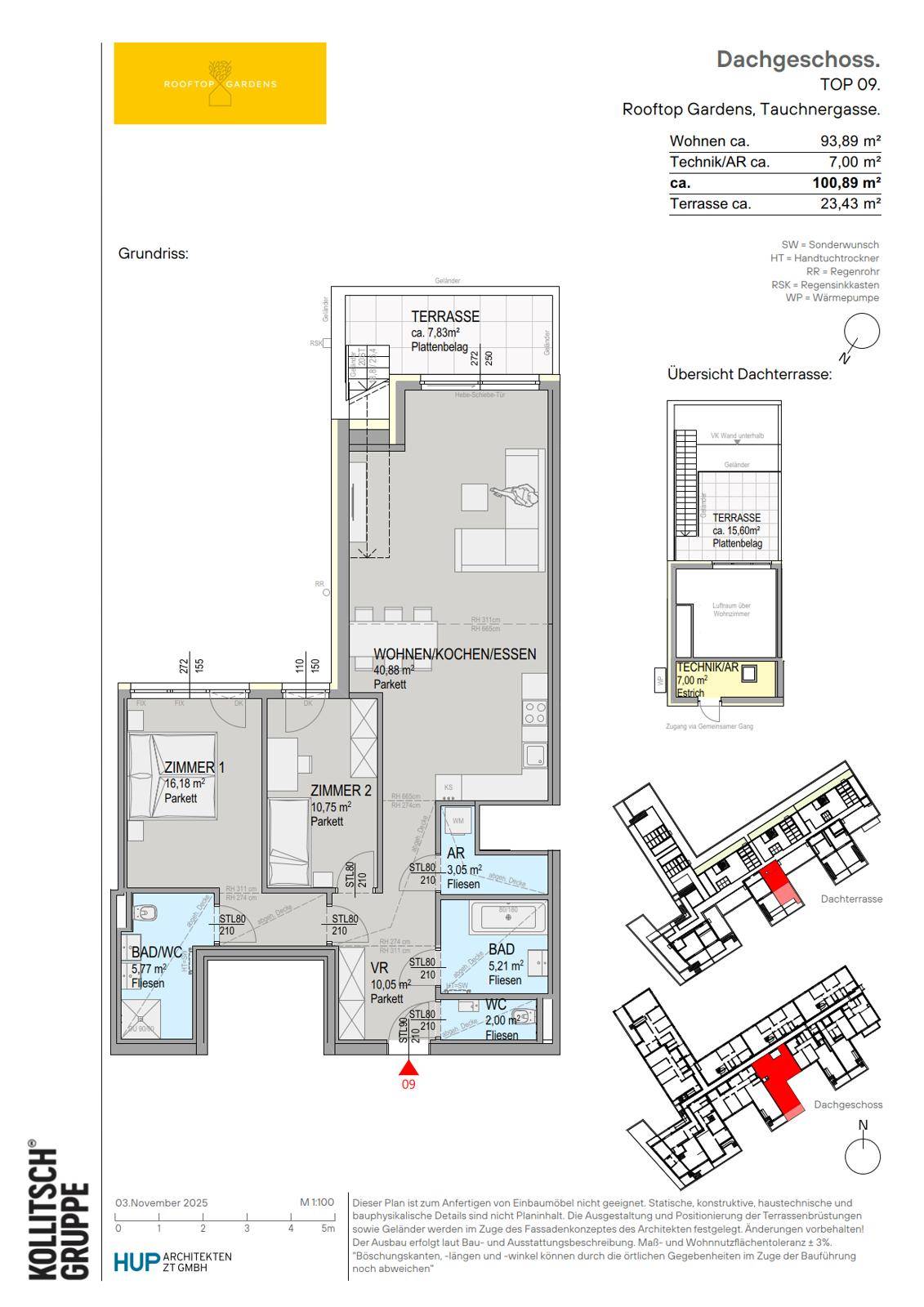 Grundriss des Dachgeschosses mit offenem Wohn-Essbereich, zwei Schlafzimmern, zwei Bädern und großer Dachterrasse.