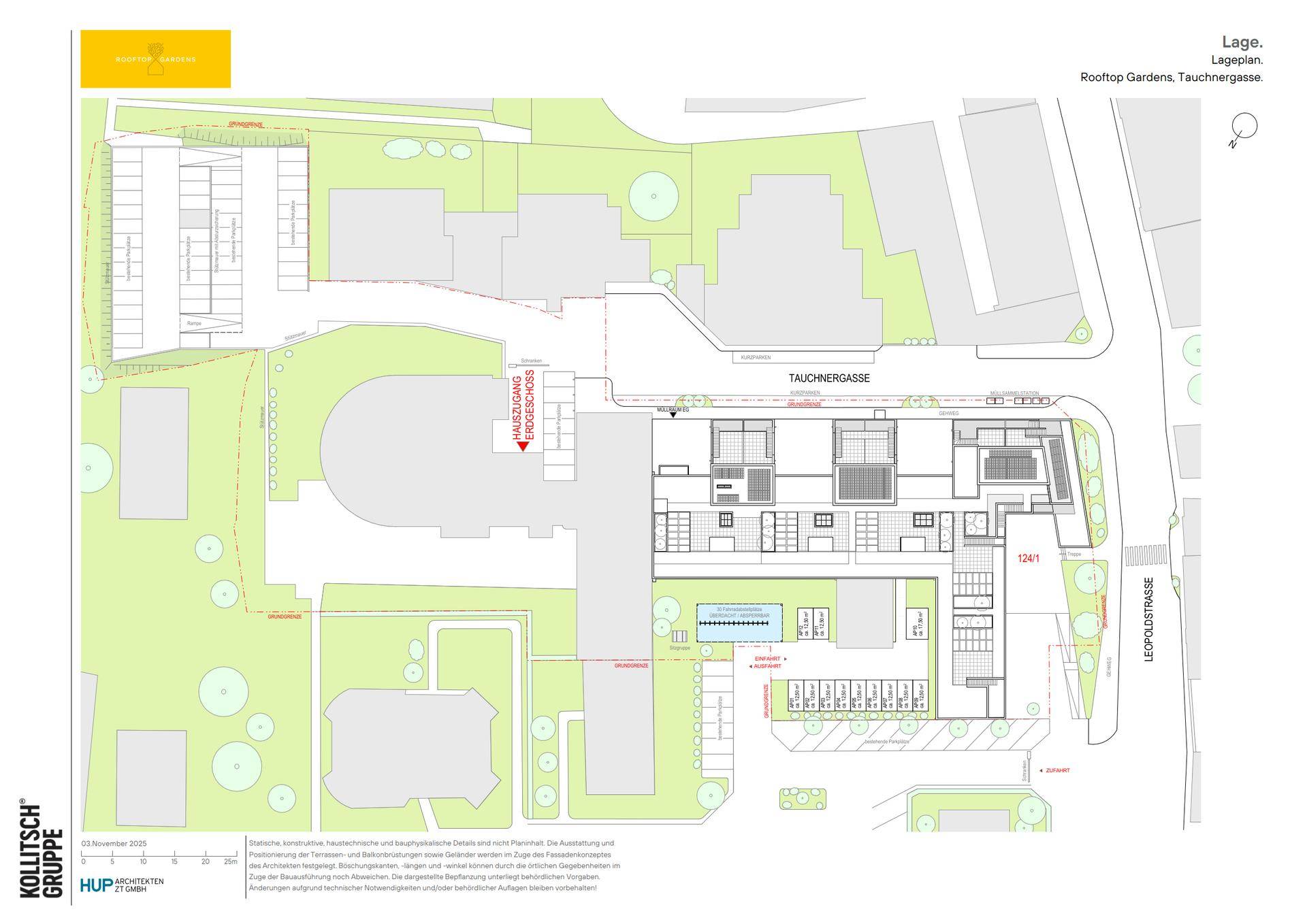 Lageplan des Gebäudekomplexes mit umliegenden Grünflächen, Zufahrten und Parkplätzen.