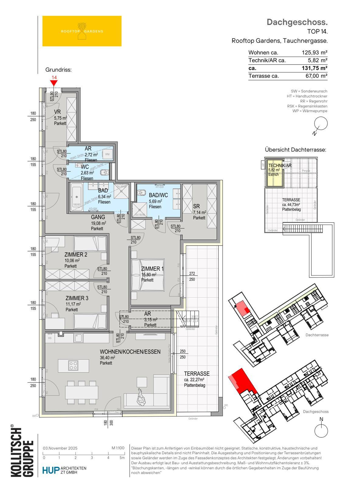 Detaillierter Grundriss einer Wohnung mit offenem Wohnbereich, mehreren Zimmern und Dachterrasse.