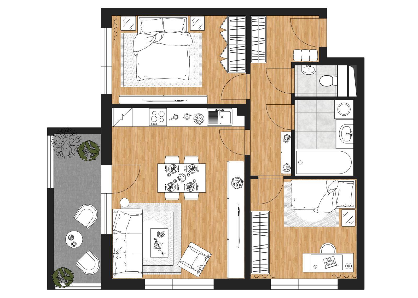Schwarz-weißer Grundriss einer Wohnung mit drei Zimmern, Bad und Balkon.