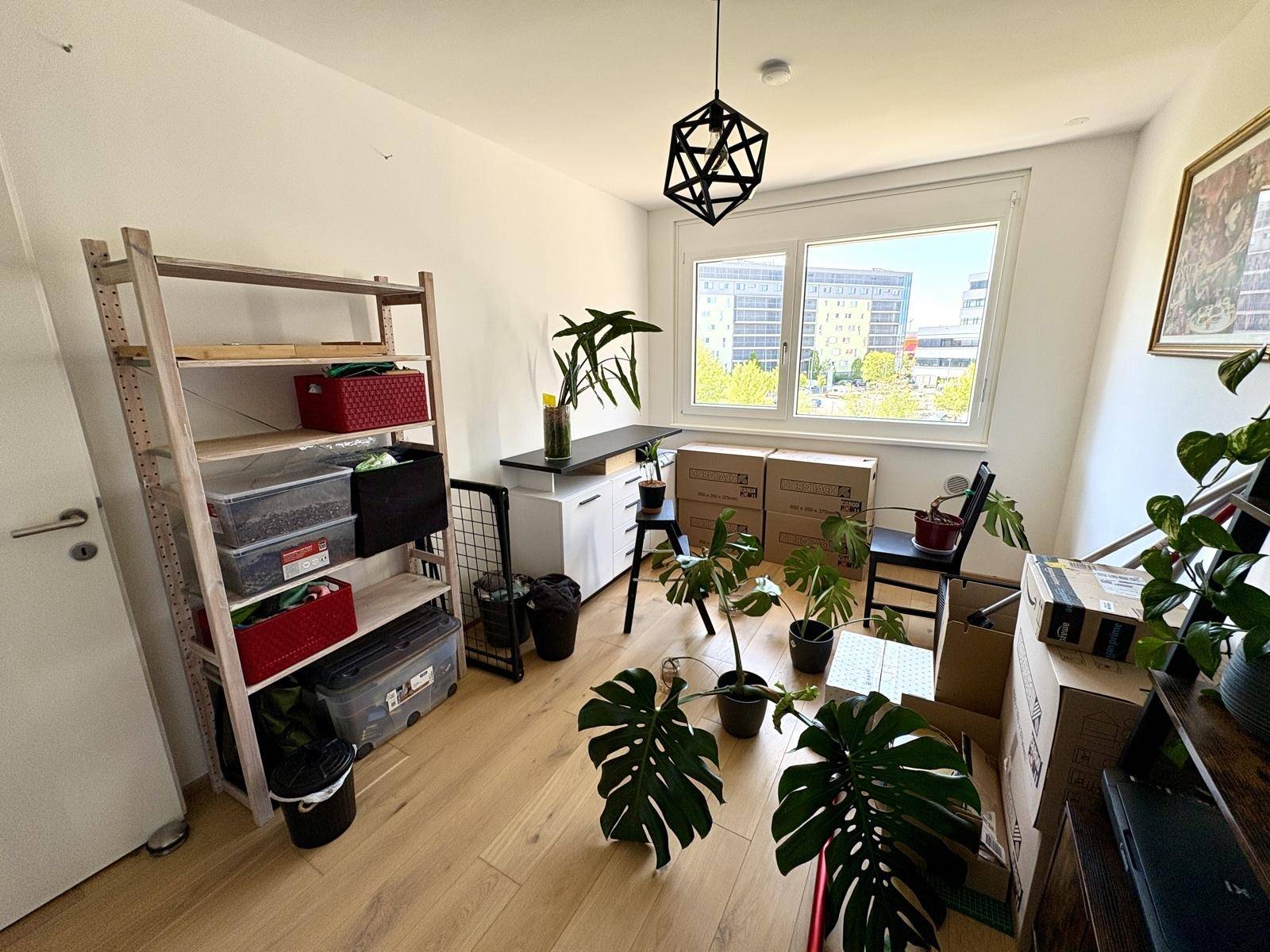 Helles Zimmer mit Holzboden, großem Fenster und Pflanzen, derzeit als Abstellraum genutzt.