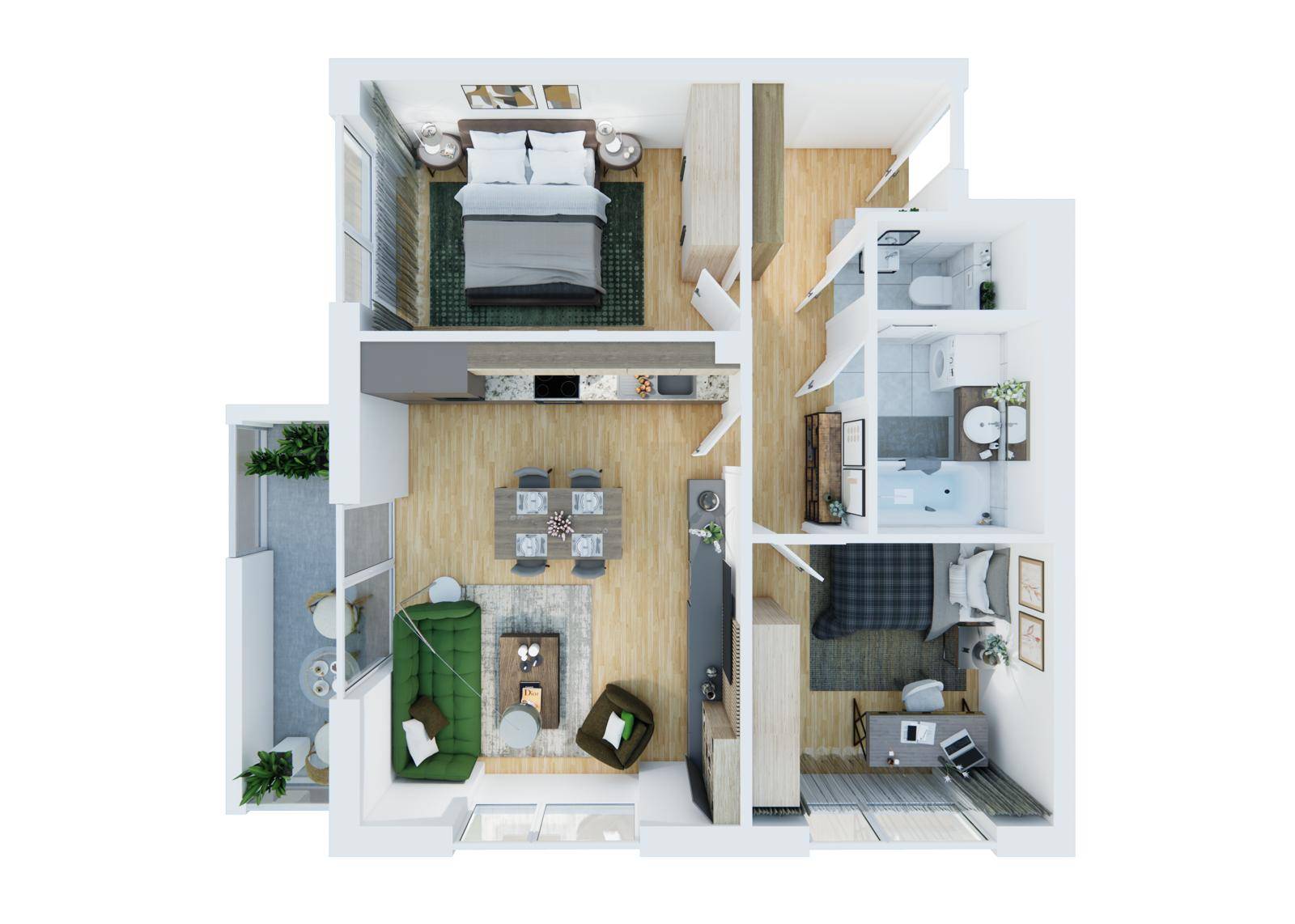 Draufsicht eines möblierten Grundrisses mit offenem Wohnbereich, zwei Schlafzimmern und Balkon.