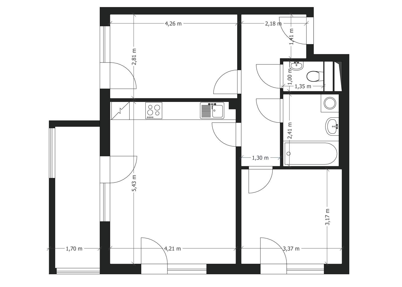 Grundriss einer Wohnung mit Maßangaben für die einzelnen Räume.