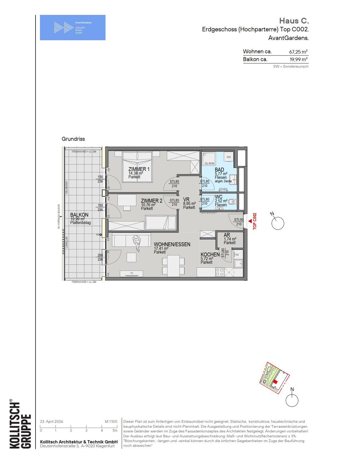 Grundriss einer Wohnung mit zwei Schlafzimmern, offenem Wohn-Essbereich und Balkon.