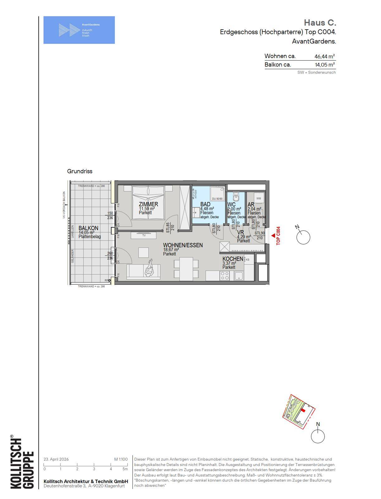 Grundriss einer Erdgeschosswohnung mit offenem Wohn-Essbereich, einem Schlafzimmer und Balkon.