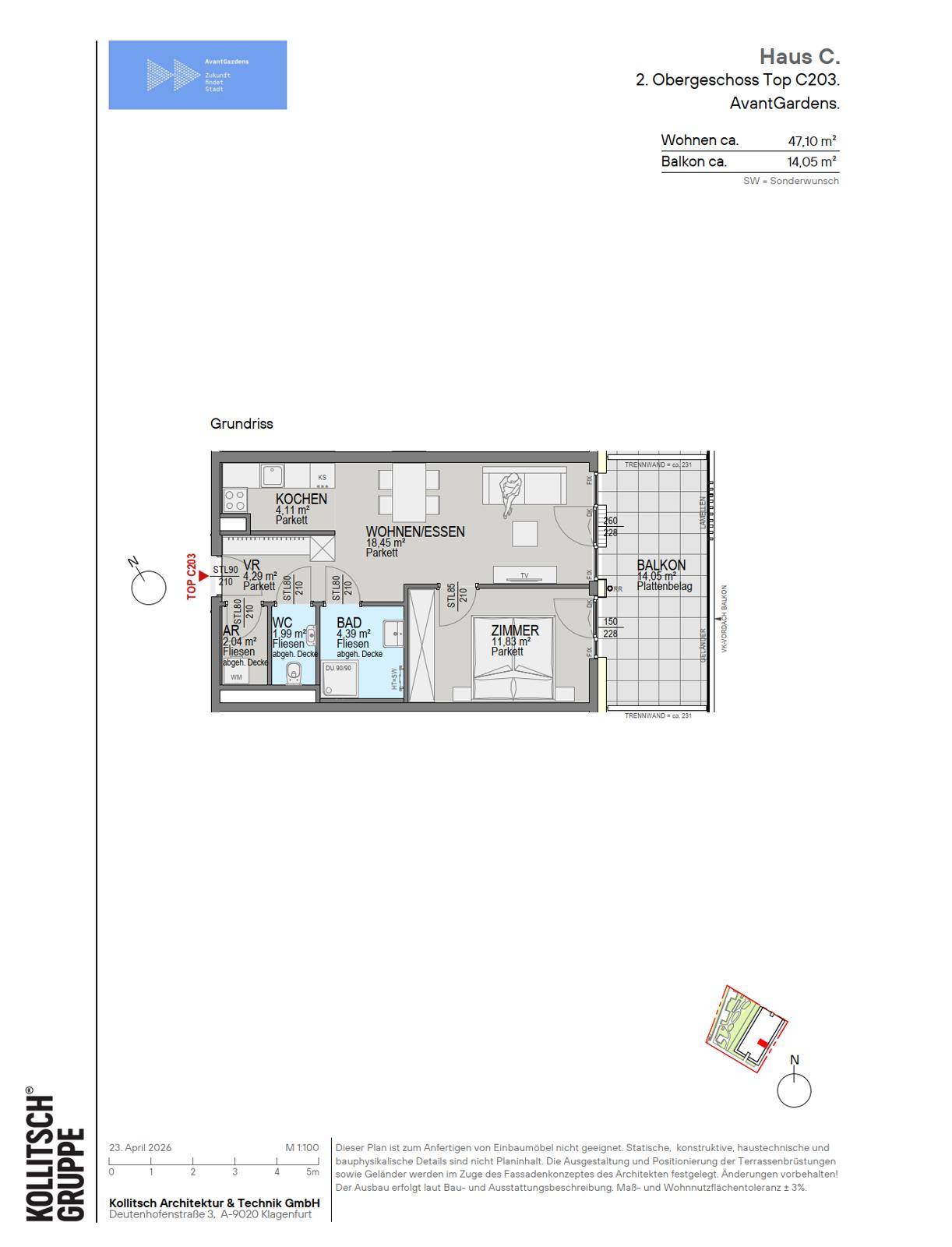 Grundriss einer Wohnung im zweiten Obergeschoss mit offenem Wohn-Essbereich und großem Balkon.