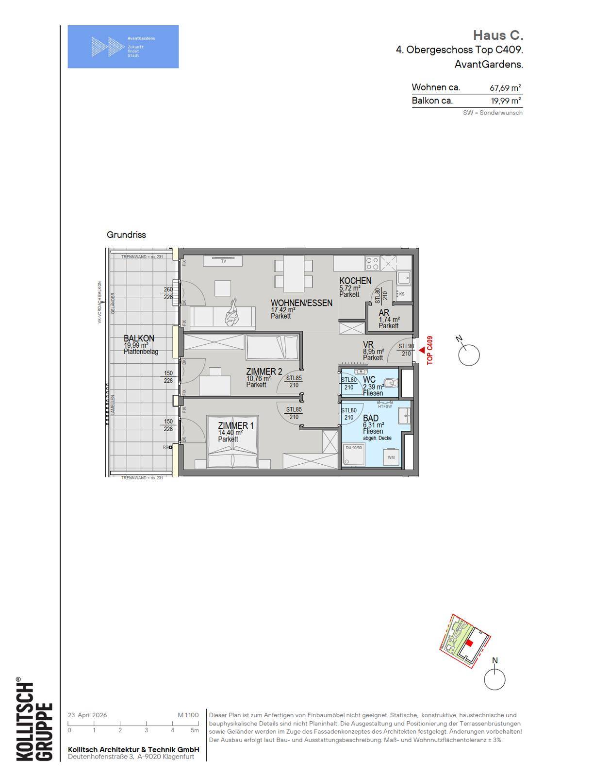 Grundriss einer Wohnung im 4. Obergeschoss mit zwei Schlafzimmern, offenem Wohnbereich und großem Balkon.
