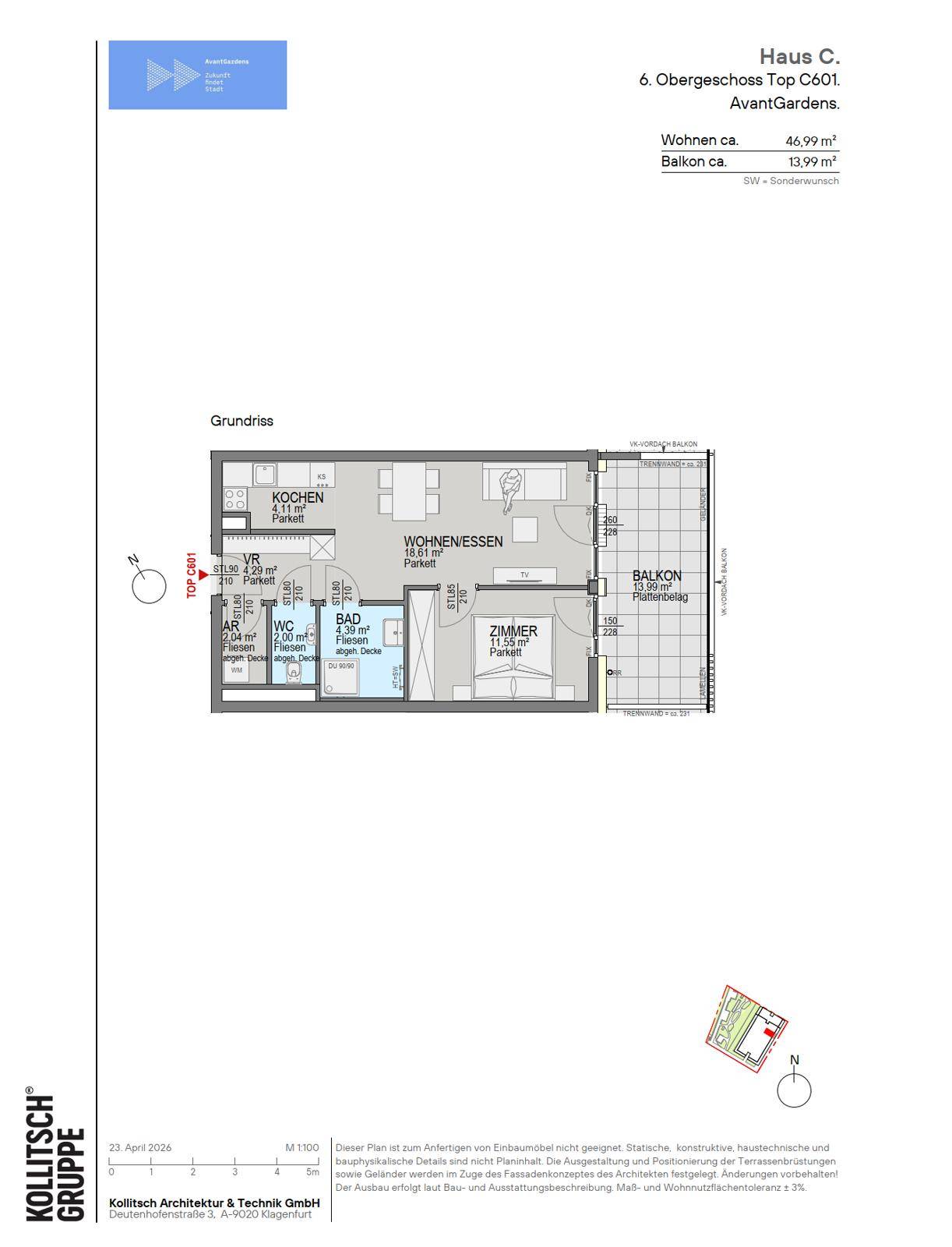 Grundriss einer Wohnung mit offenem Wohn-Essbereich, separater Küche, Schlafzimmer und Balkon.