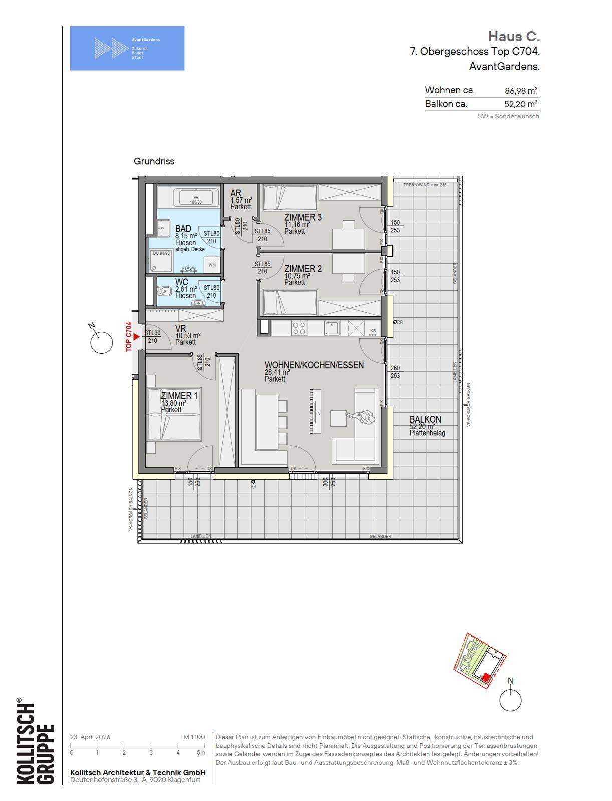 Grundriss einer Wohnung mit drei Zimmern, Wohnküche und großem Balkon.