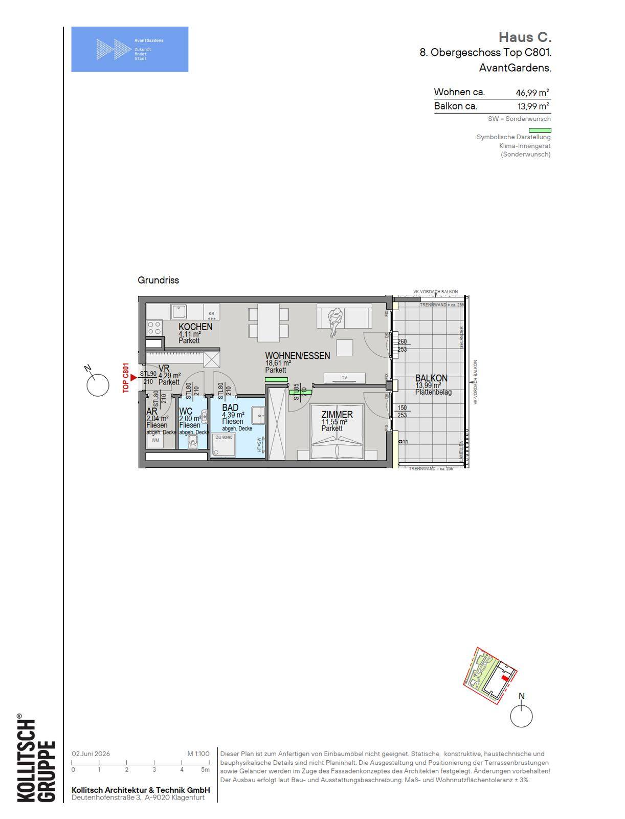 Detaillierter Grundriss der Wohnung C601 im 8. Obergeschoss mit Balkon und separatem WC.