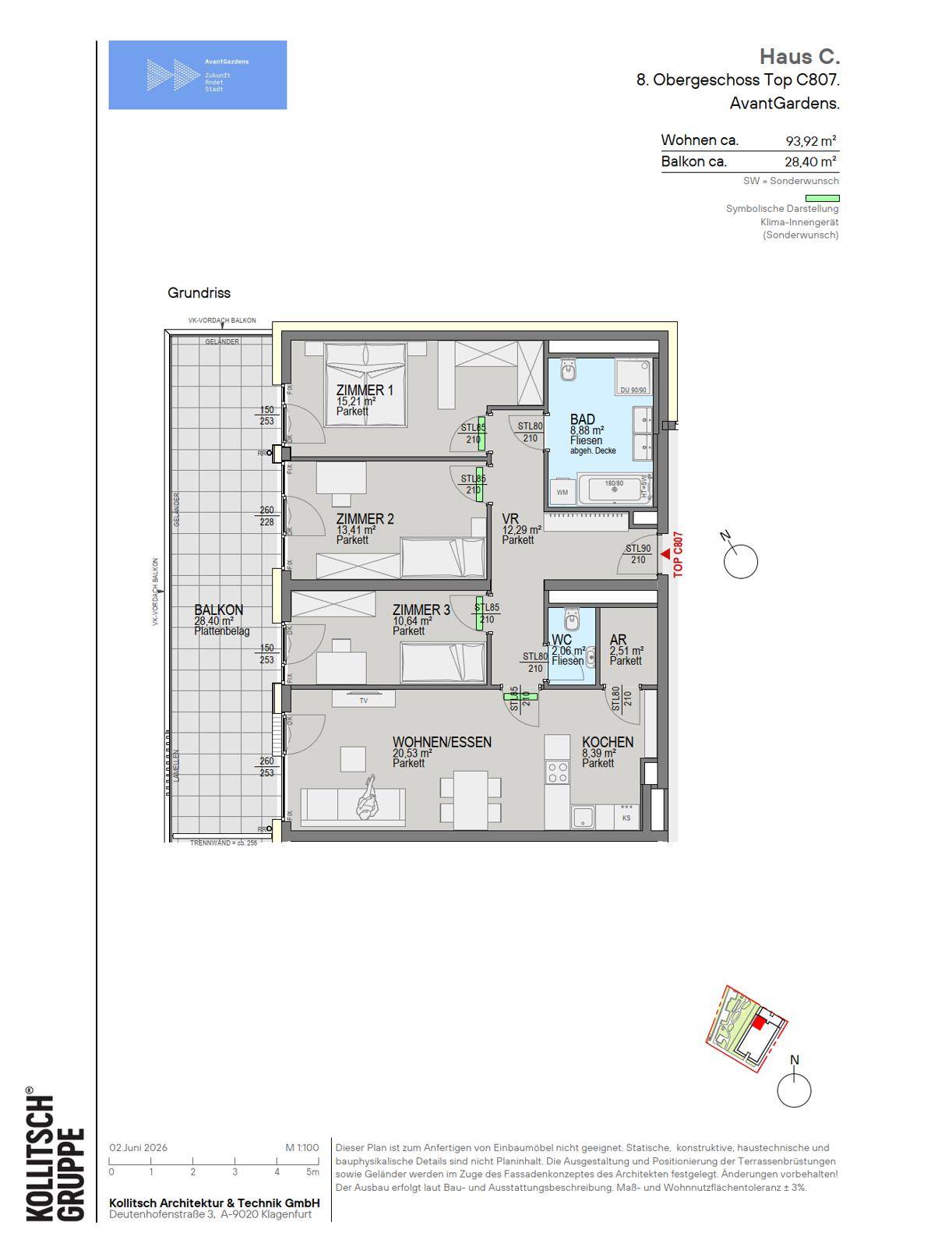 Grundriss der Wohnung C807 im 8. Obergeschoss mit drei Zimmern, Wohn-Essbereich und Balkon.