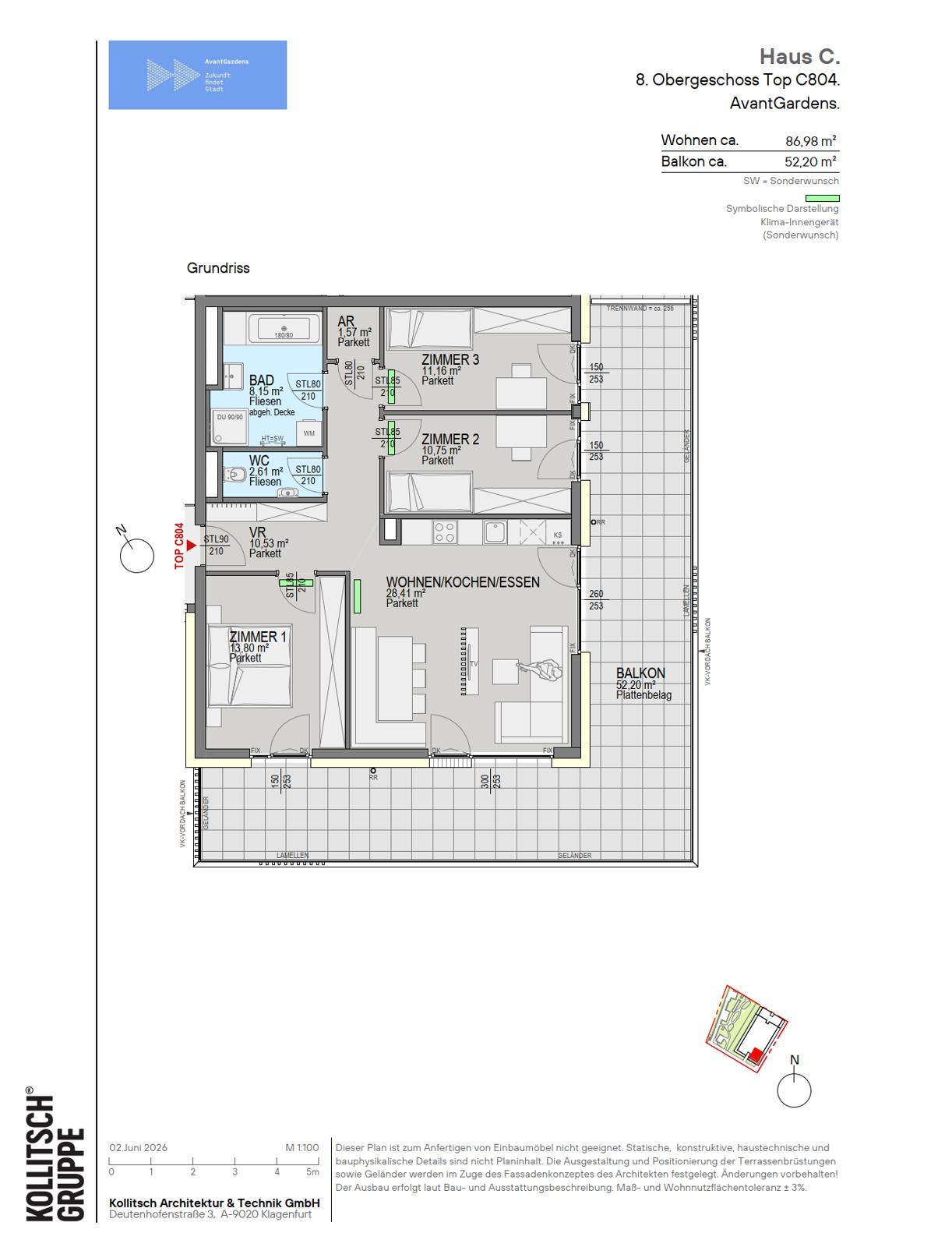 Grundriss einer Wohnung im 8. Obergeschoss mit drei Zimmern, Wohnküche und großem Balkon.