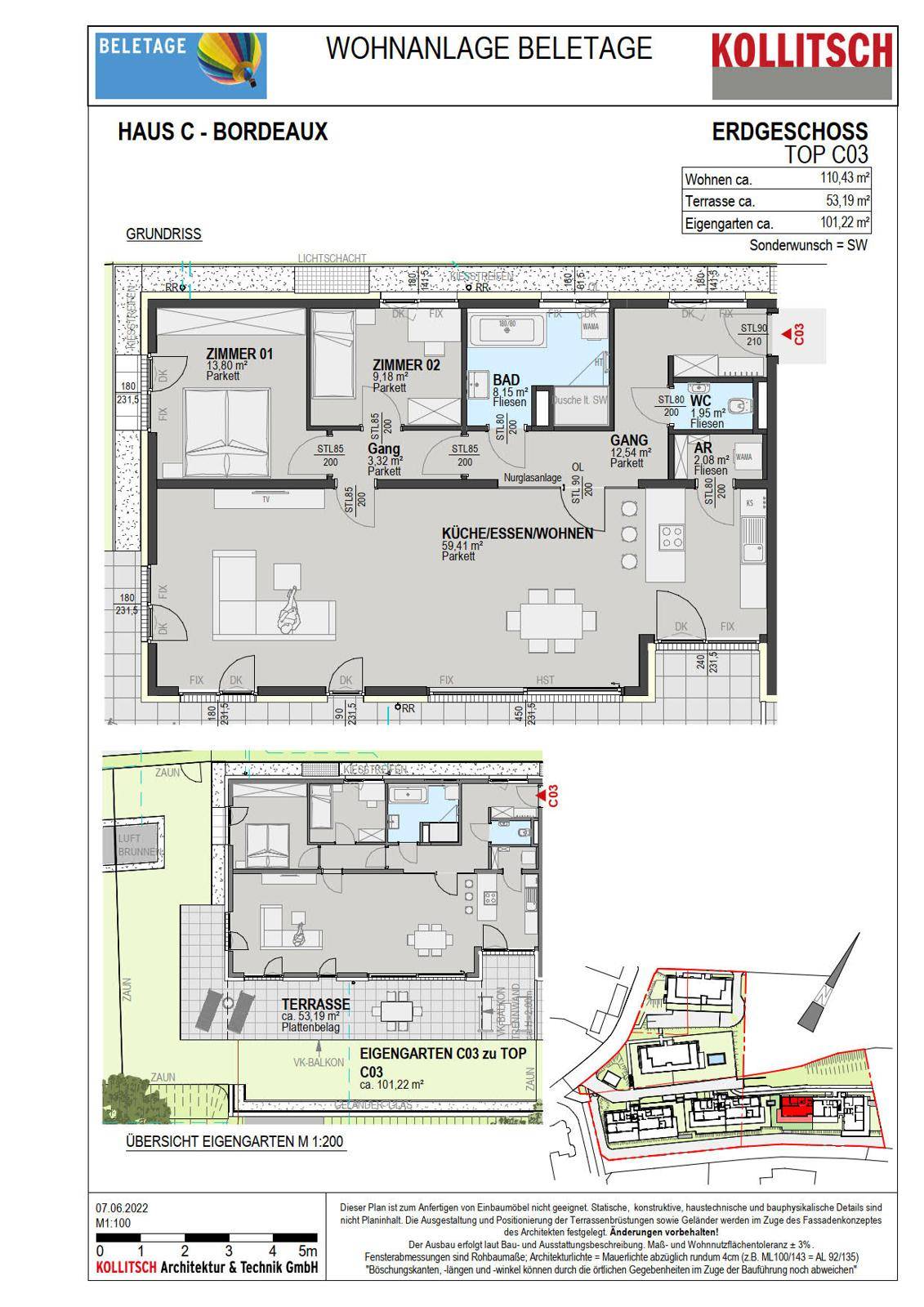 Detaillierter Grundriss des Erdgeschosses mit offenem Wohnbereich, zwei Schlafzimmern und Garten.