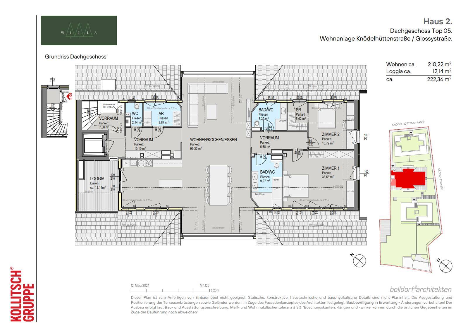Detaillierter Grundriss des Dachgeschosses mit offenem Wohn-Essbereich, zwei Schlafzimmern und Loggia.
