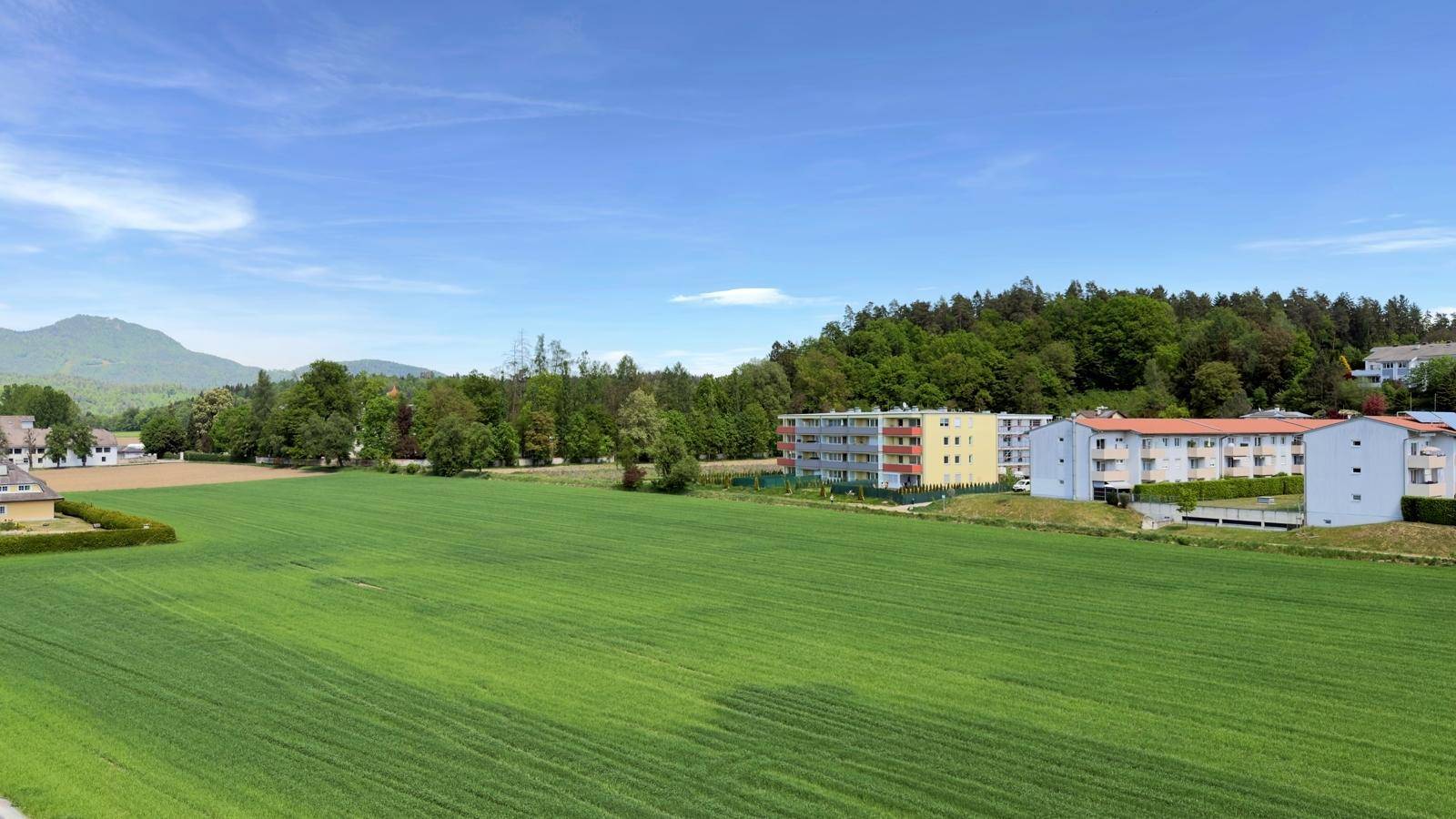 Weitläufige grüne Landschaft mit Feldern, Waldrand und Wohngebäuden in der Ferne.