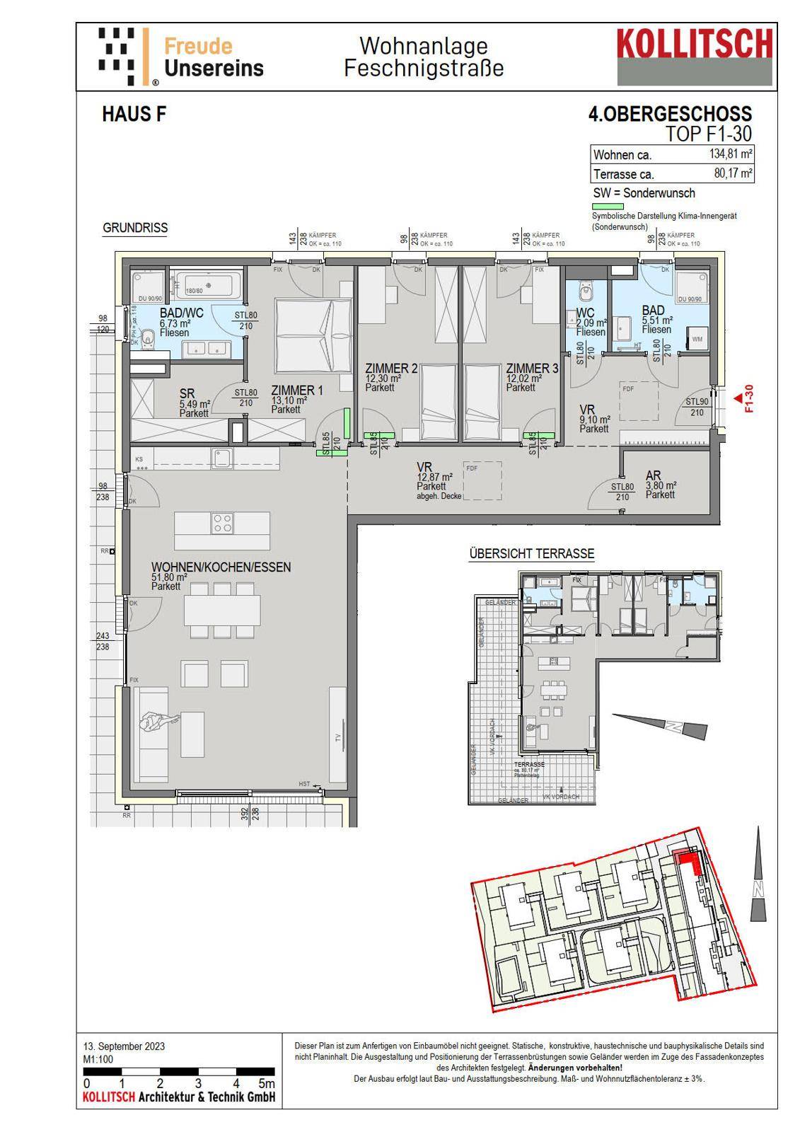 Grundriss der Wohnung F1-30 im 4. Obergeschoss mit drei Schlafzimmern und großer Terrasse.