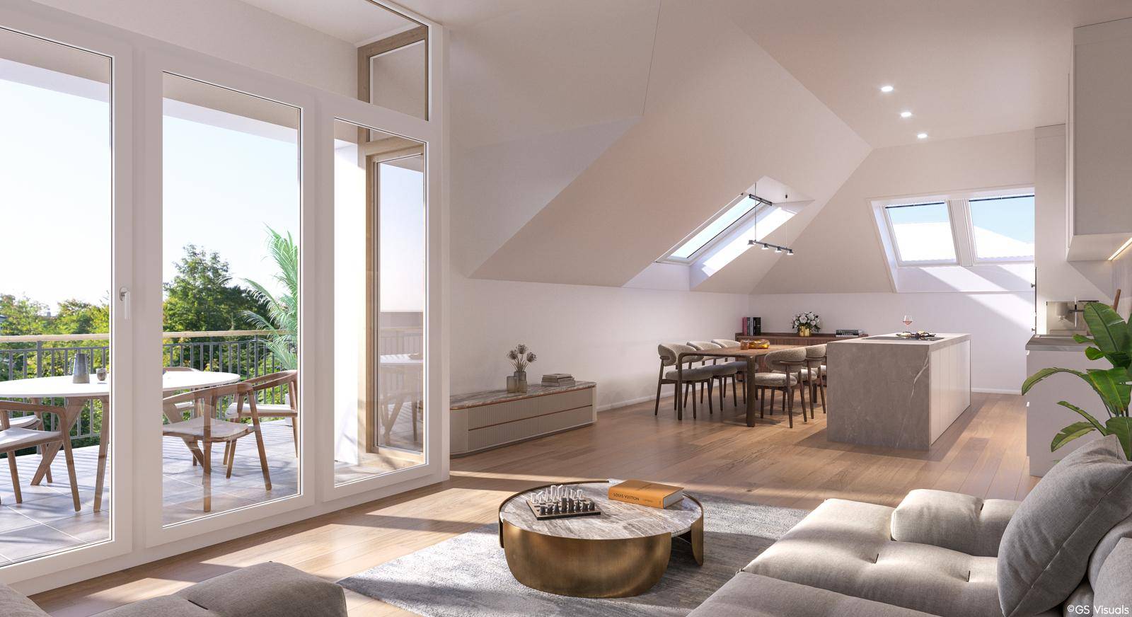 Geräumiger Wohnbereich mit Zugang zu einem großen Balkon und hellen Dachfenstern.