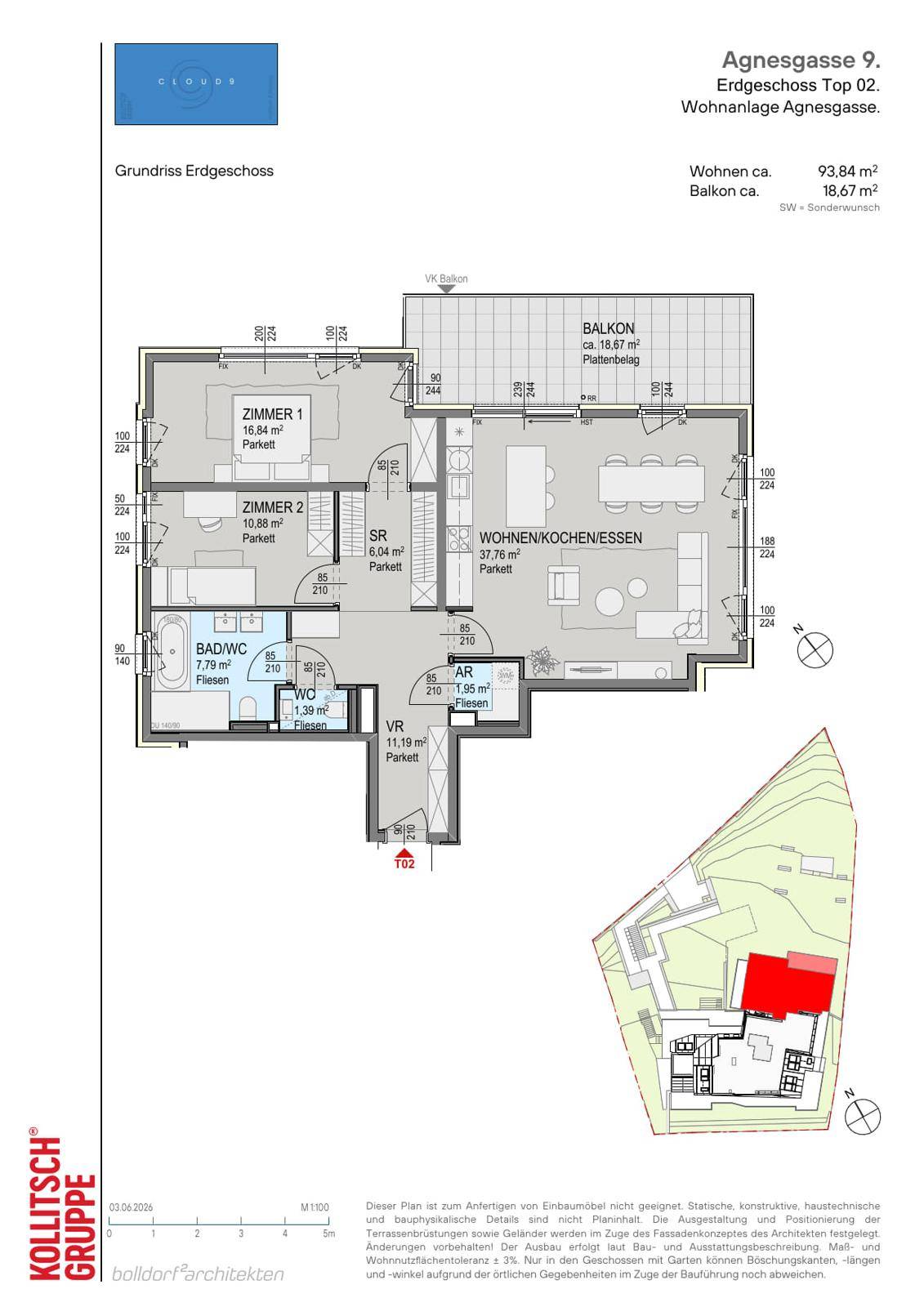 Grundriss einer Erdgeschosswohnung mit offenem Wohn-Essbereich und Balkon.