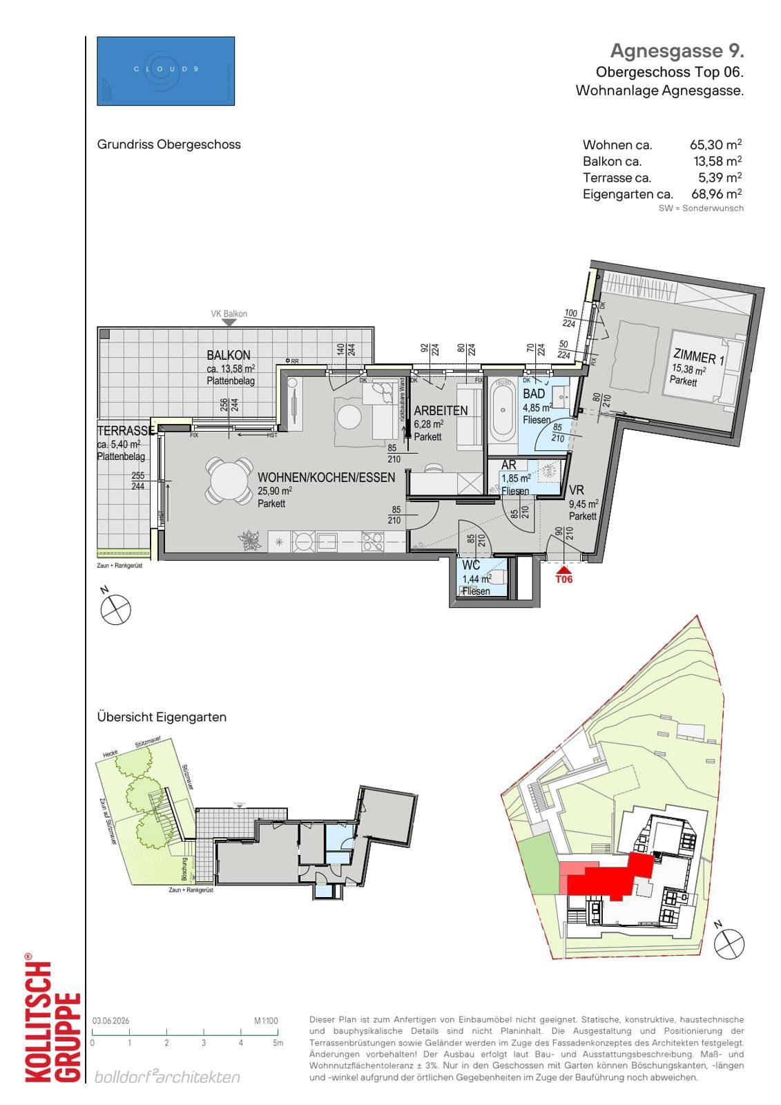 Detaillierter Grundriss des Obergeschosses mit Wohn-, Koch- und Essbereich sowie Terrasse und Garten.