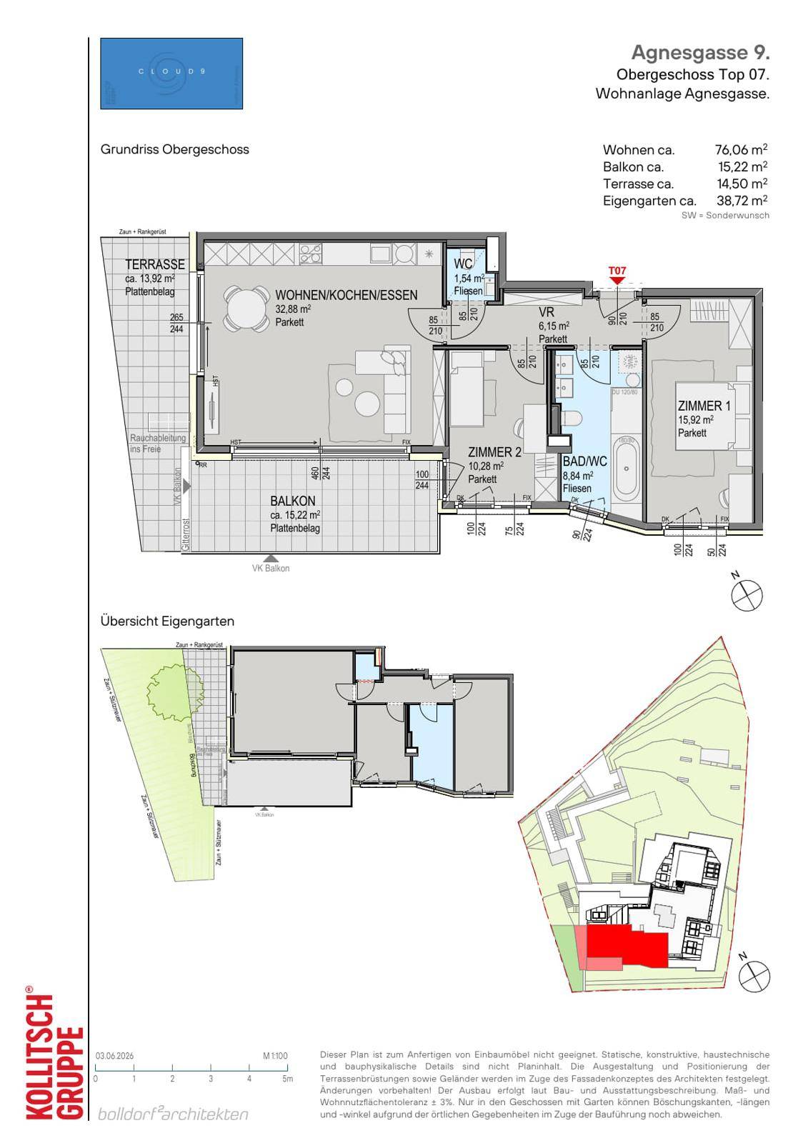 Grundrissplan einer Wohnung im Obergeschoss mit Terrasse, Balkon und zugehörigem Gartenbereich.
