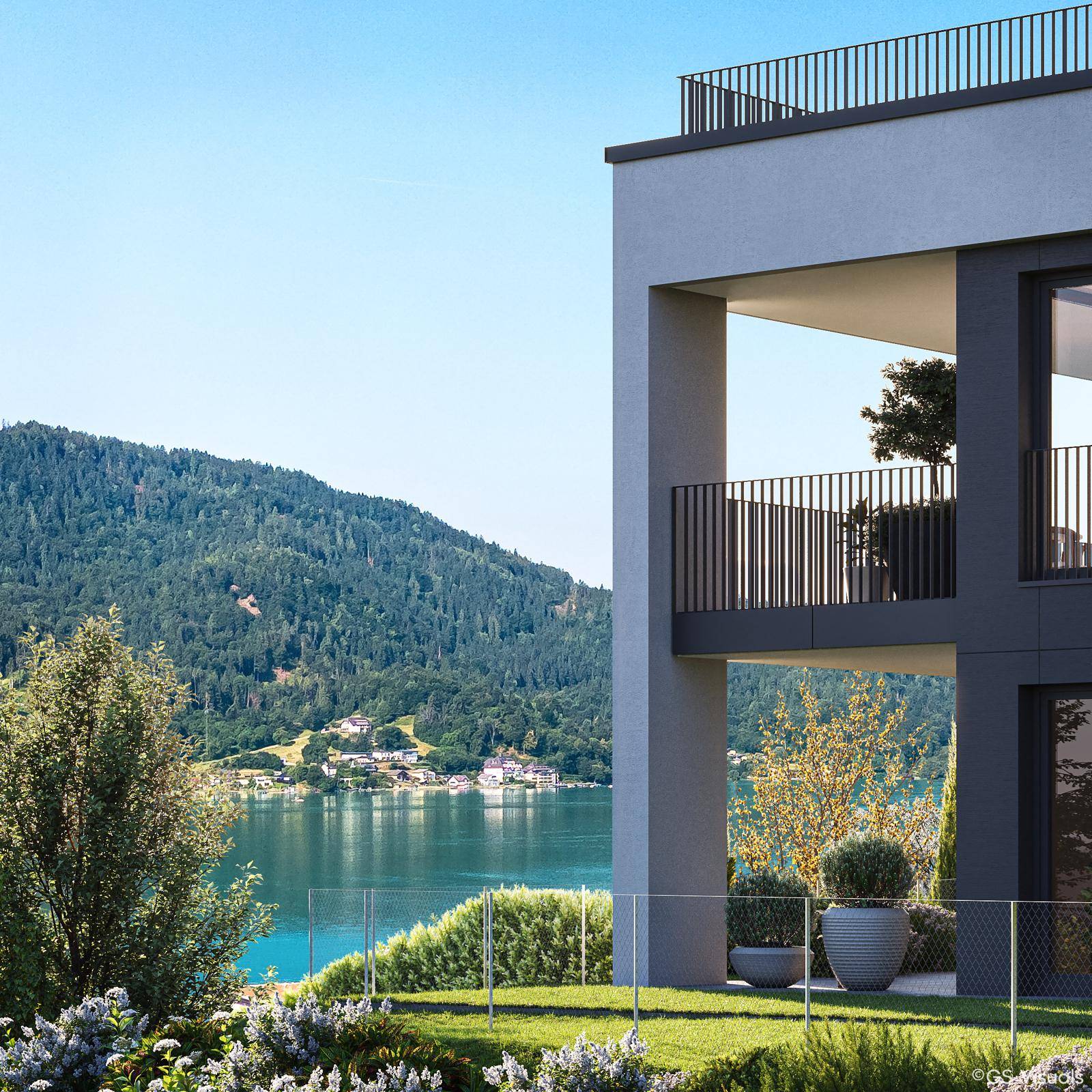 Zeitgenössische Architektur mit Balkonen und einem beeindruckenden Panoramablick auf den See und die Berge.