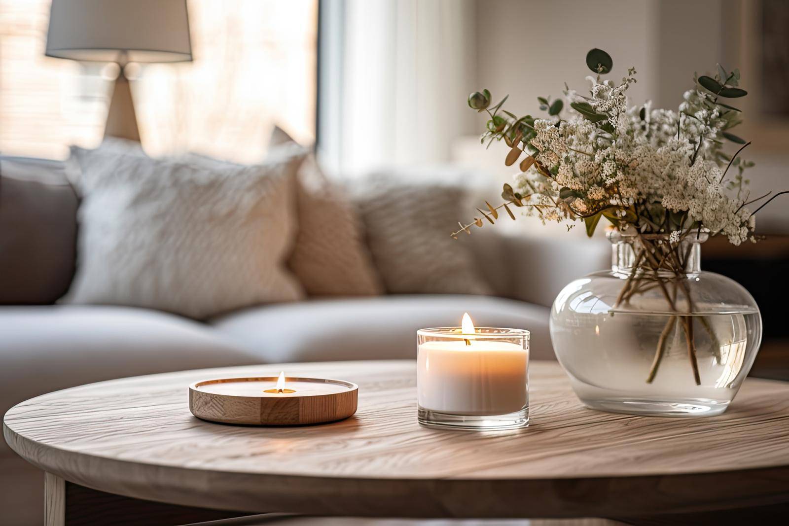 Nahaufnahme eines Couchtisches mit brennenden Kerzen und einem Blumenarrangement, im Hintergrund ein Sofa.