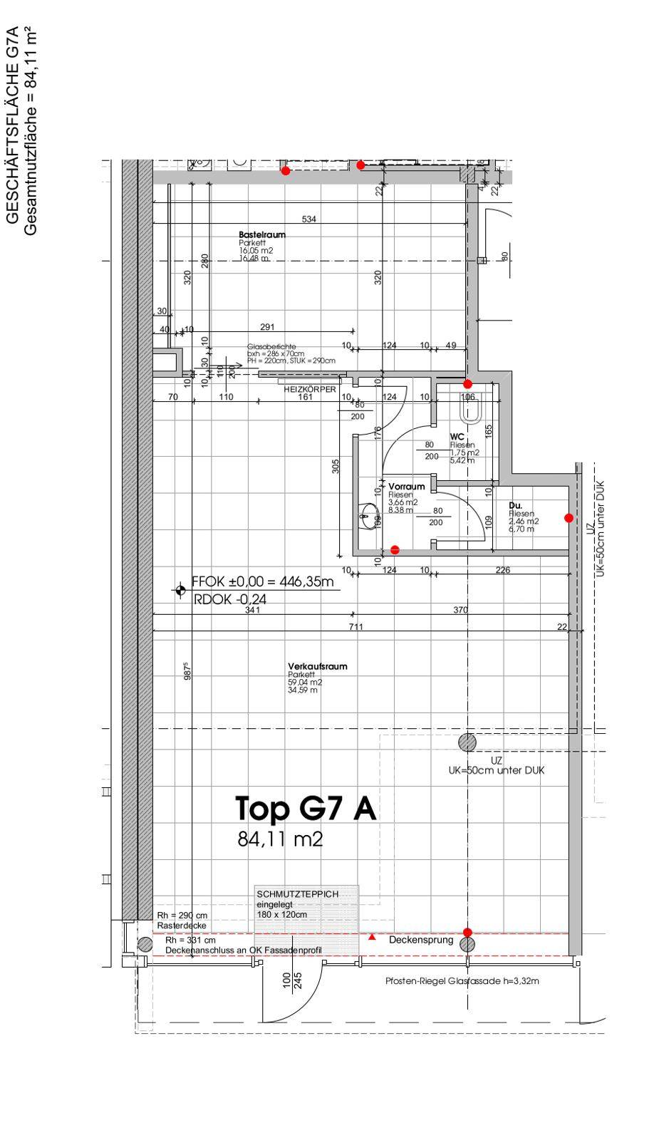 Grundriss einer Gewerbefläche von 84,11 m² mit Bad, WC und Verkaufsraum.