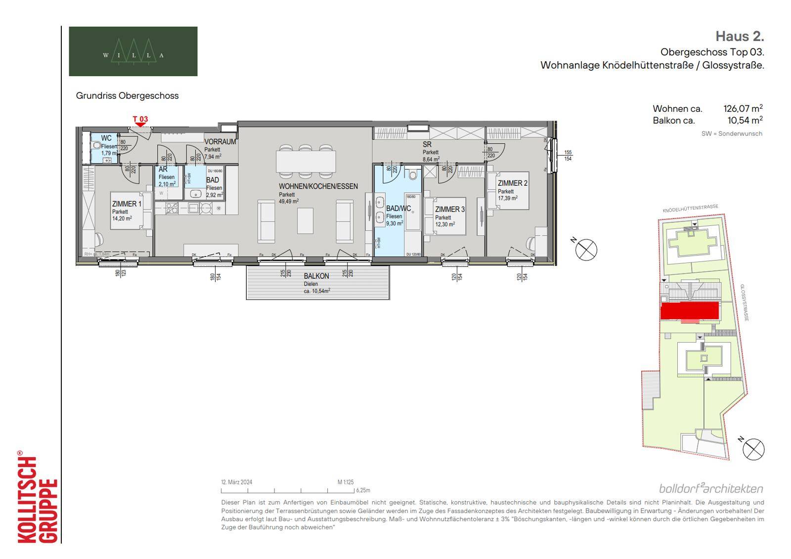 Grundriss des Obergeschosses mit Wohnküche, drei Zimmern und Balkon.