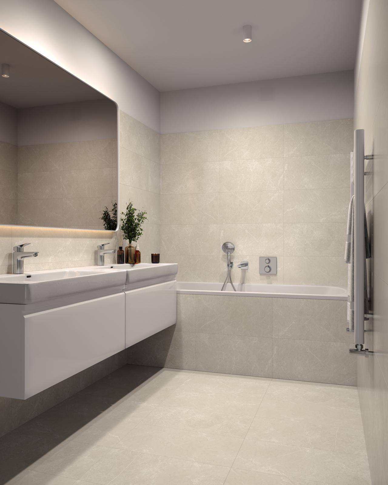 Modernes Badezimmer mit Doppelwaschbecken, Badewanne und beheiztem Handtuchhalter in hellen Farbtönen.