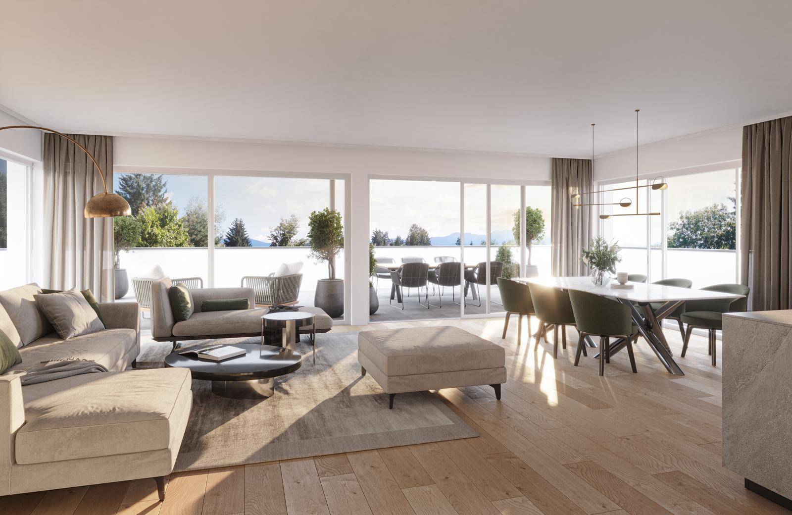Helles, offenes Wohn-Esszimmer mit Holzboden, moderner Einrichtung und Zugang zu einer großen Terrasse.