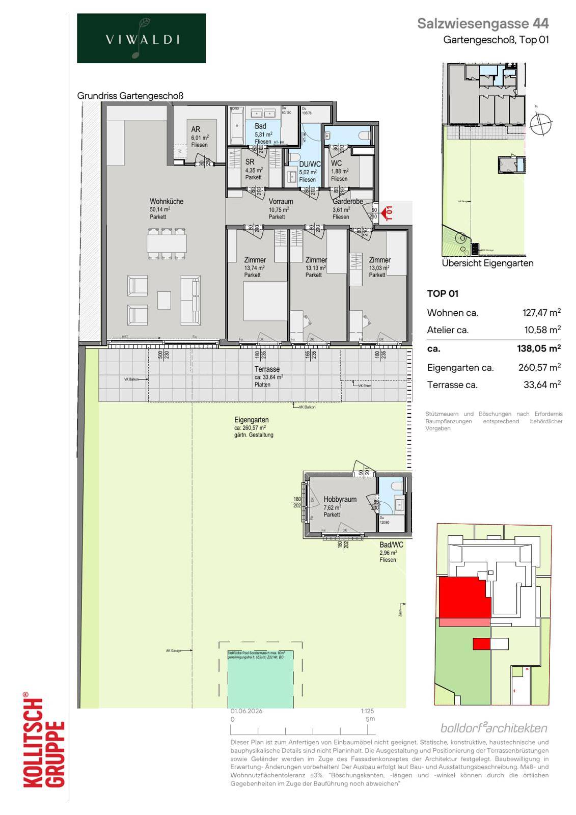 Grundriss des Gartengeschosses mit Wohnküche, mehreren Zimmern, Terrasse und großem Gartenbereich.