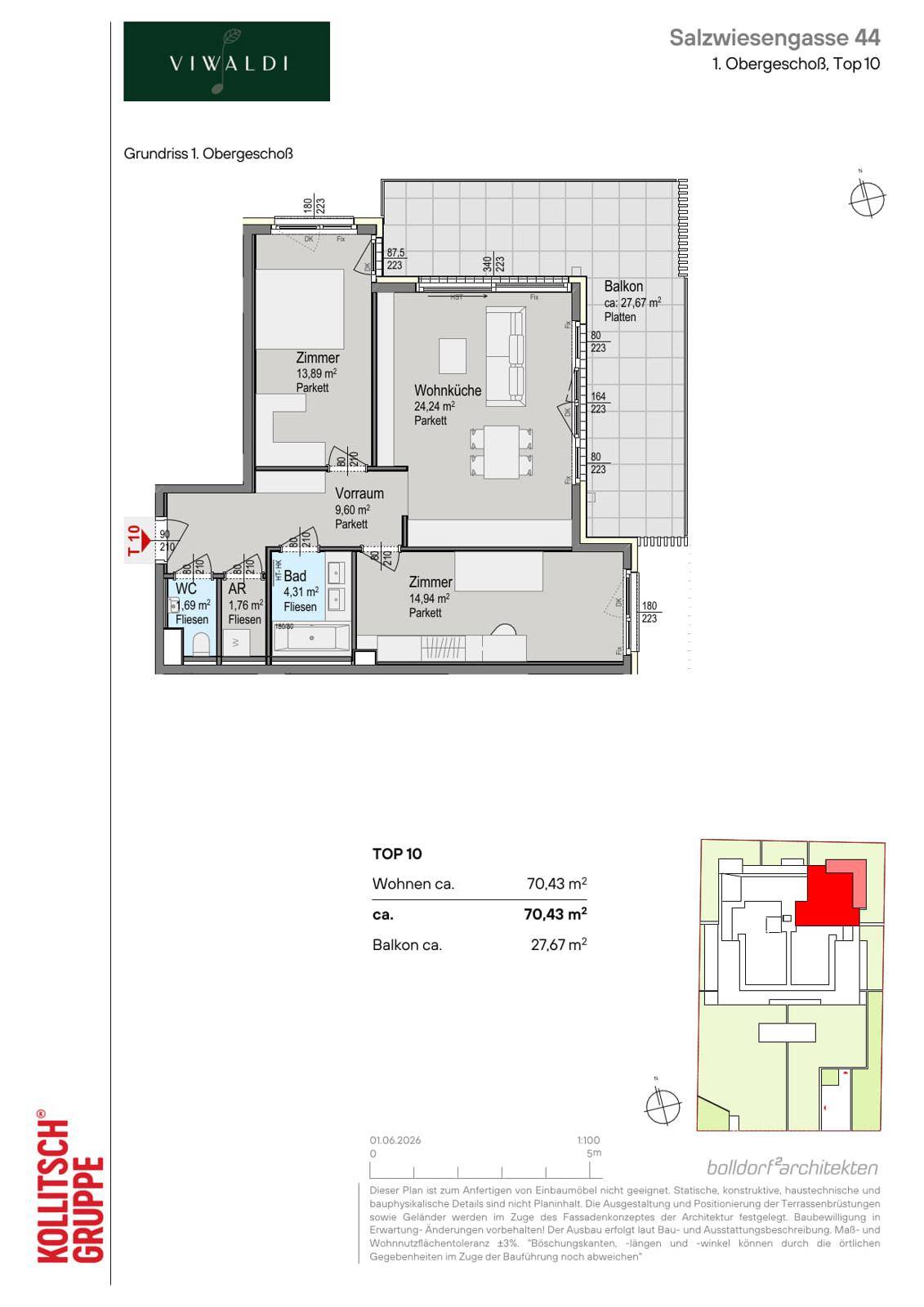 Grundriss der Wohnung Top 10 im ersten Obergeschoss mit Wohnküche, Schlafzimmer und großem Balkon.
