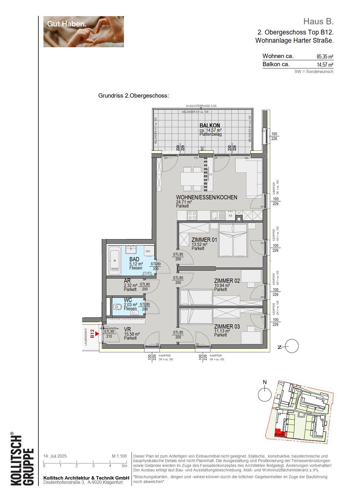 Grundriss einer 3-Zimmer-Wohnung im 2. Obergeschoss mit Balkon und offenem Wohnbereich.
