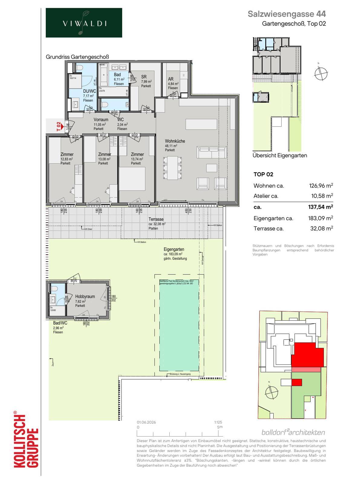 Detaillierter Grundriss des Gartengeschosses mit Wohnküche, Zimmern, Terrasse und Eigengarten.