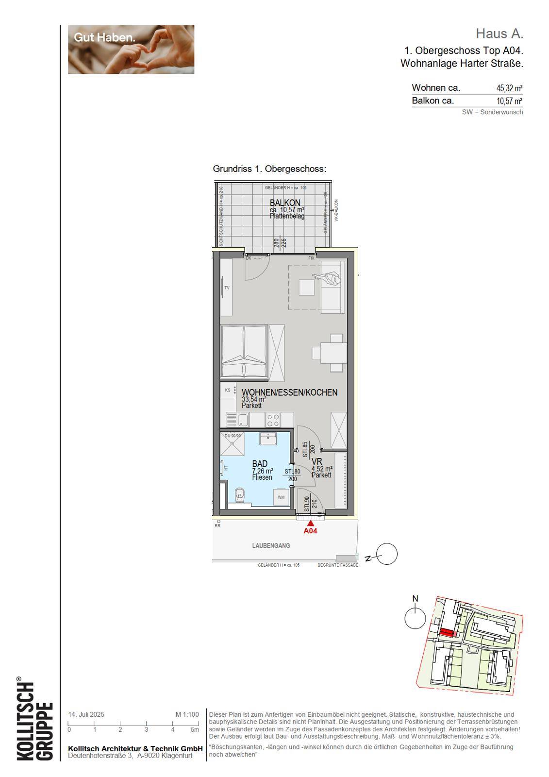 Grundriss einer Wohnung im ersten Obergeschoss mit Wohn-Ess-Kochbereich und Balkon.