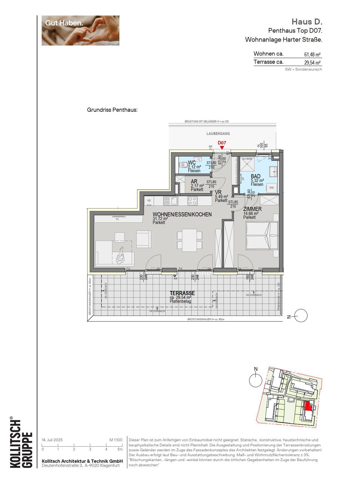 Grundriss eines Penthauses mit offenem Wohn-Essbereich, Schlafzimmer und großer Terrasse.