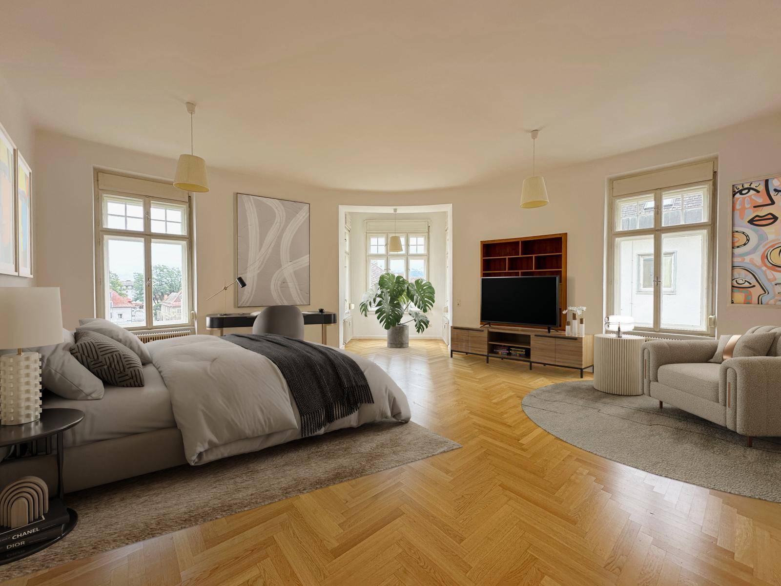 Großes Schlafzimmer mit Doppelbett, Schreibtisch und Erkerfenster, ausgestattet mit Fischgrätparkett.