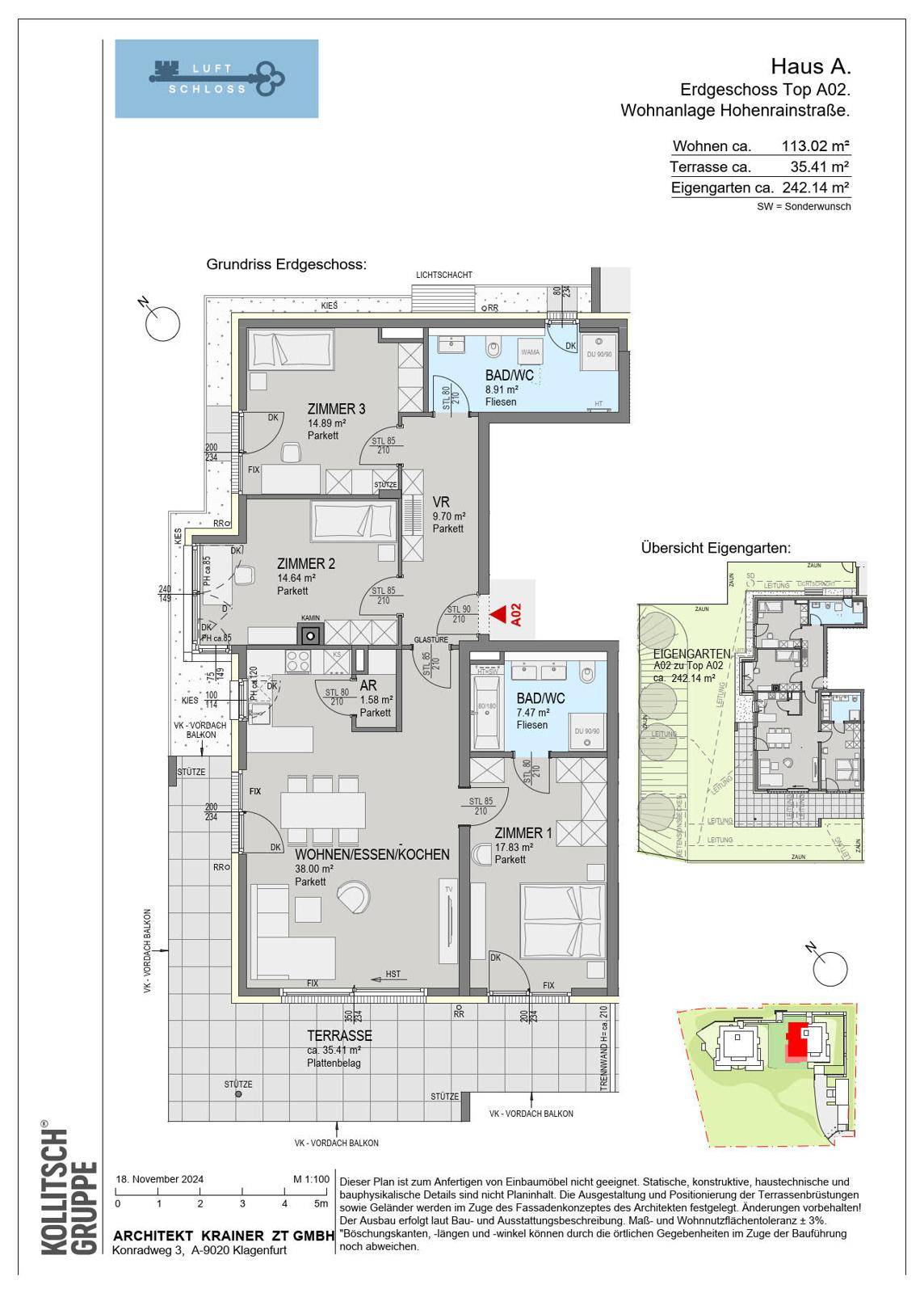 Grundriss einer Erdgeschosswohnung mit drei Zimmern, offenem Wohnbereich, zwei Bädern, Terrasse und eigenem Garten.