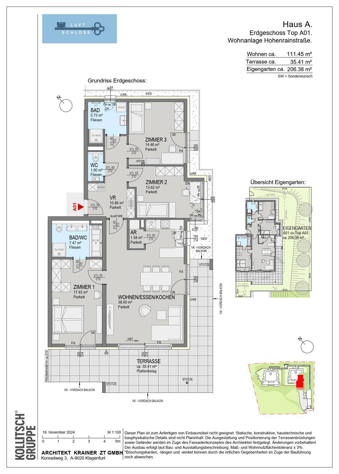 Detaillierter Grundriss einer Erdgeschosswohnung mit drei Zimmern, offener Wohnküche, zwei Bädern, Terrasse und eigenem Garten.