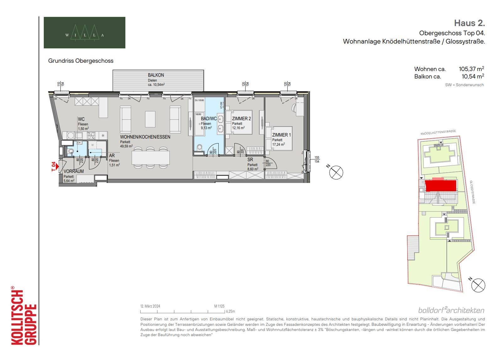 Grundriss des Obergeschosses mit offener Wohnküche, zwei Zimmern, Bad und Balkon.
