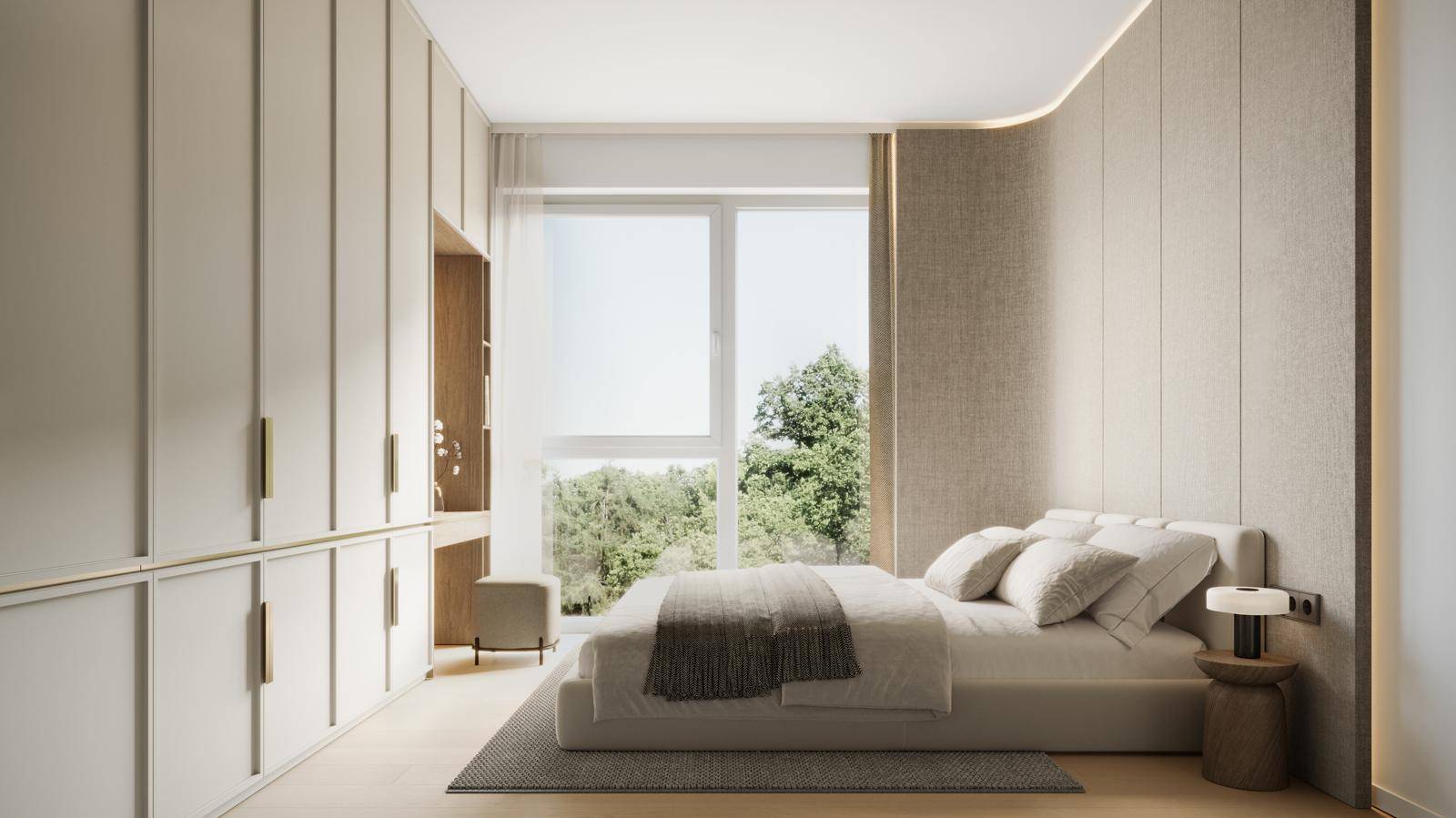 Modernes Schlafzimmer mit Einbauschränken, großem Fenster und hellem Ambiente mit Grünblick.
